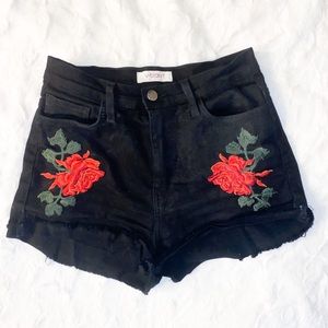 Black High Waisted Shorts with Rose Embroidery
